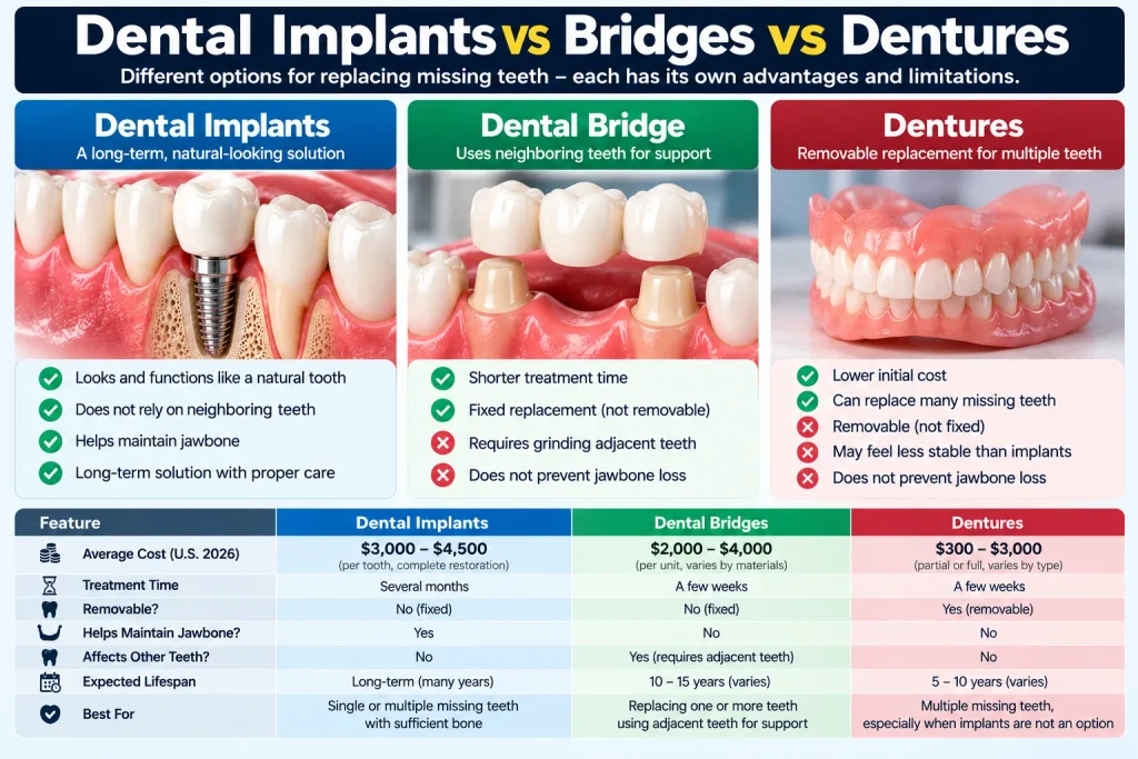 Dental Implants, Bridges, and Dentures Compared